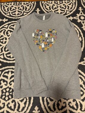 Gray Halloween Heart Sweatshirt with Orange, Black & White Accents